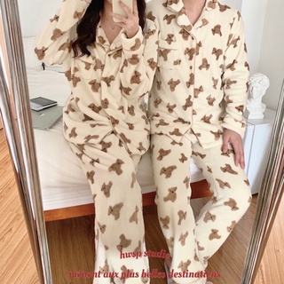 HWSP🏹臺灣現貨♡韓國泰迪熊珊瑚絨睡衣🧸小熊 珊瑚絨 刷毛 睡衣 情侶睡衣 冬天 加厚 法蘭絨 家居服 長袖 長褲二