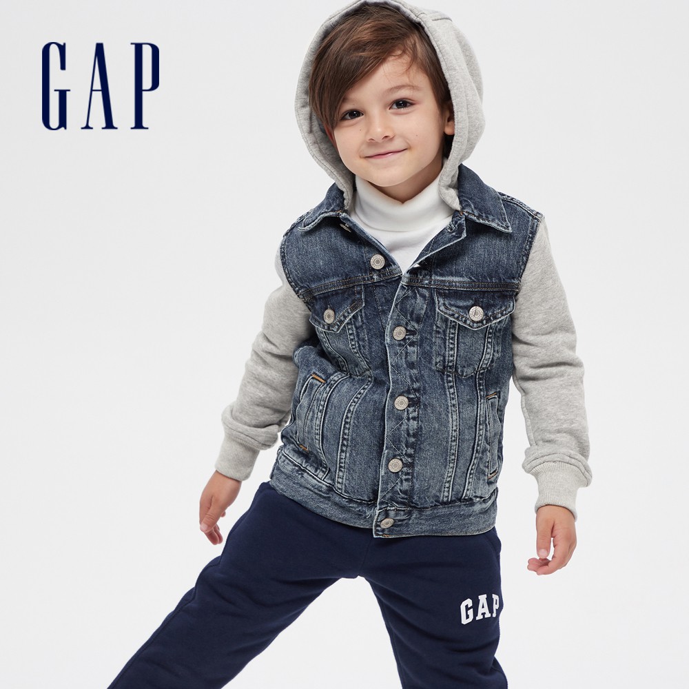 Gap 男童裝 創意拼接拉鍊連帽牛仔外套-水洗藍(588576)