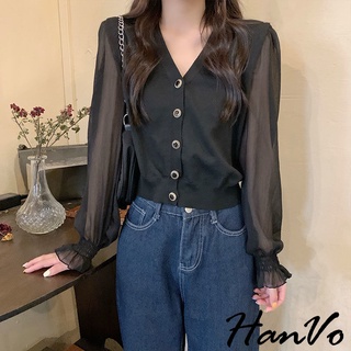 【HanVo】韓系古典雪紡針織衫 復古氣質優雅拼接澎澎袖上衣外套 韓國女裝 女生衣著 A02-1724
