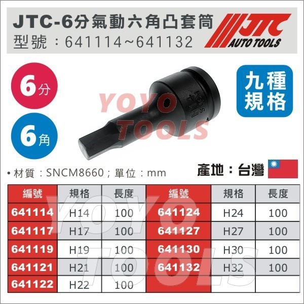 【YOYO汽車工具】 JTC 3/4" 氣動六角凸套筒 6分 6角 氣動 凸套筒 H 14 17 19 21 22 24