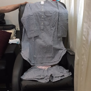 UNIQLO (M)全新品冷氣房穿睡衣長袖麻和短褲二件式組