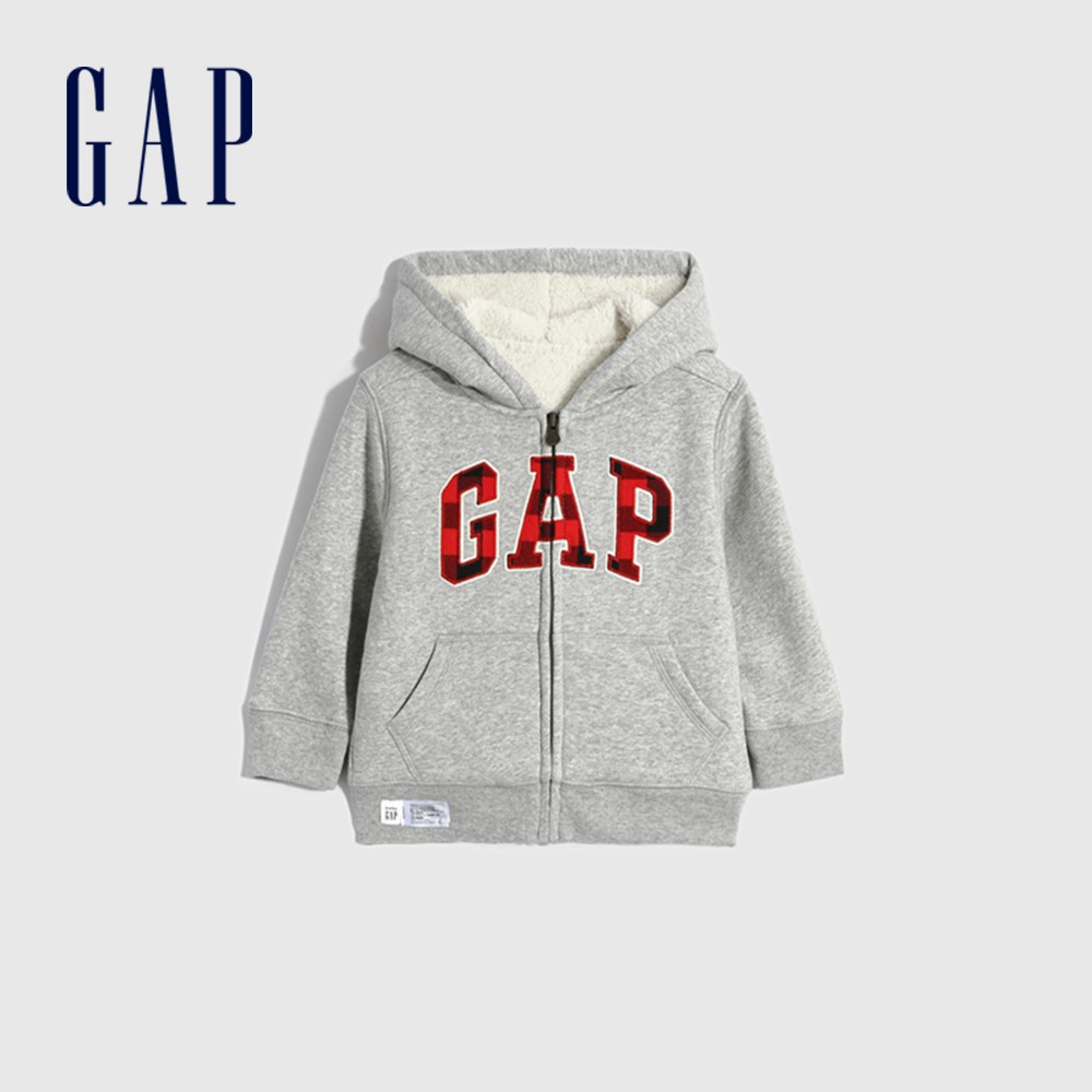Gap 男幼童裝 Logo仿羊羔絨連帽外套-淺灰色(593319)