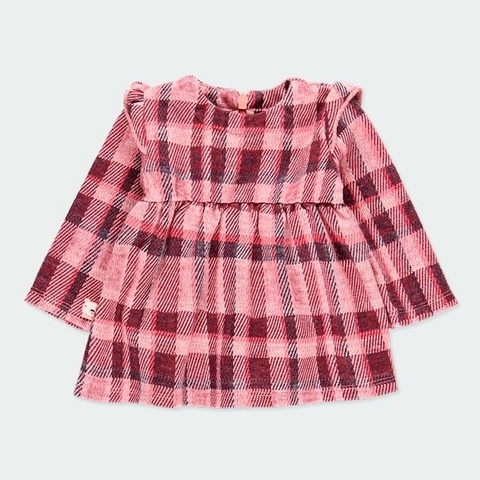 BOBOLI/秋冬商品/女童格紋洋裝 長袖棉質洋裝 粉色格子洋裝 寶寶洋裝 滿月週歲送禮 日系格子洋裝109811