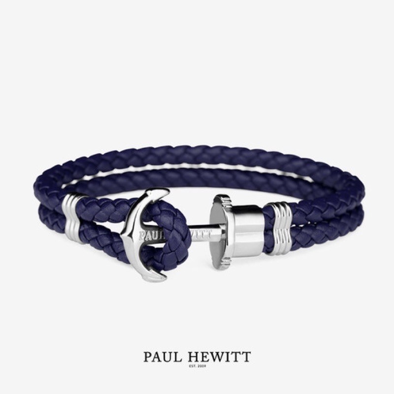 九成新 德國 Paul Hewitt 手環 - PHREP皮革編織手環 (銀扣/海軍藍) M號