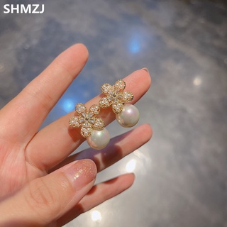 韓國東大門氣質珍珠花朵耳環鑲鑽水晶個性時尚耳飾2021女