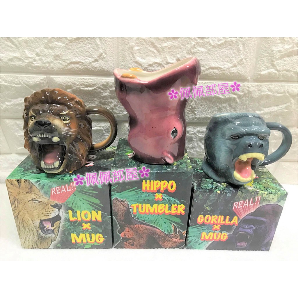 【✿佩佩部屋✿】日本 SUNART 3D立體頭握柄 動物造型 手工繪製 陶瓷 獅子河馬黑猩猩 動物 馬克杯 咖啡杯 杯子