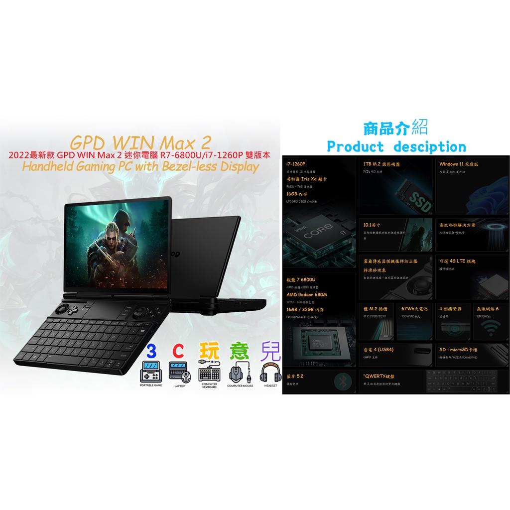 【高雄可面交 預購商品】2022最新款 GPD WIN Max 2 迷你電腦 R7-6800U/i7-1260P 雙版本