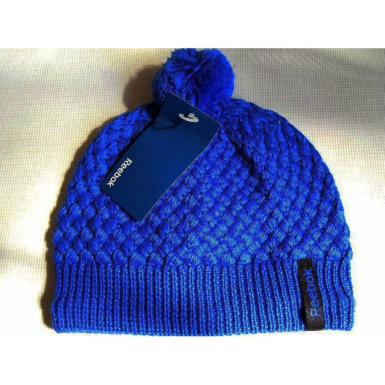 【女Reebok Beanie保暖針織編織款圓球毛帽子。全新商品靓藍色】羊毛料RBK