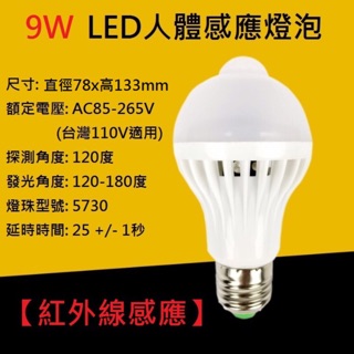 9W 紅外線感應燈泡 LED燈泡 自動點亮 自動熄滅 節能 省電燈泡 非微波燈泡 E27 燈 感應燈泡