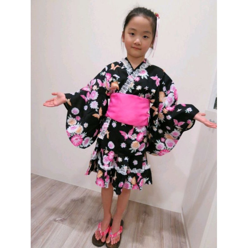 【現貨】女童 兒童 日本 日式 和服 甚平 振袖 浴衣 套裝 裙裝 黑色＆藍色--附兵兒帶