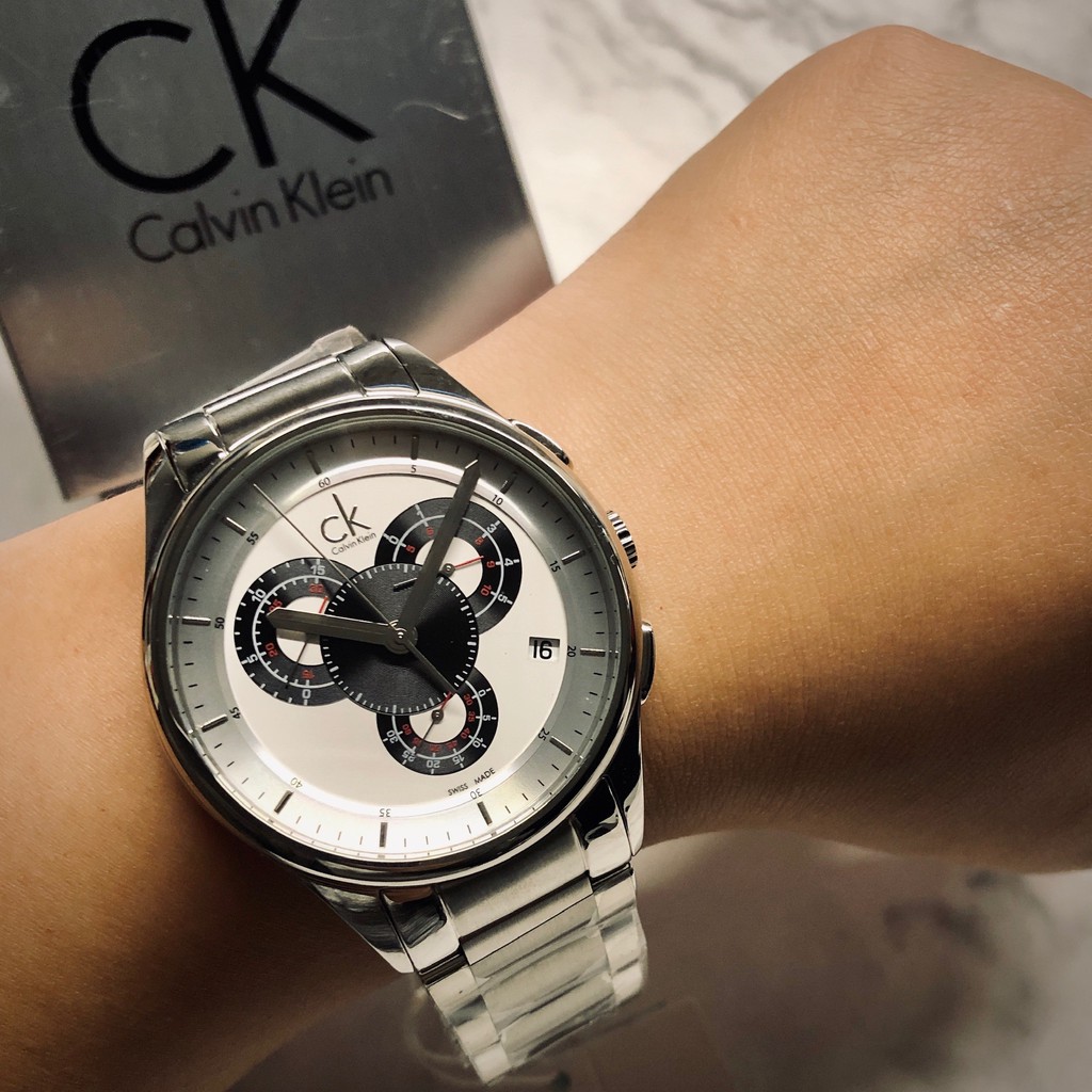 美國百分百【全新真品】Calvin Klein 配件CK 手錶瑞典錶logo 多層次三眼計時腕錶銀白色J773 | 蝦皮購物