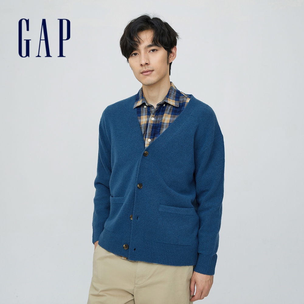 Gap 男裝 紳士羊毛混紡針織外套-深藍色(883685)