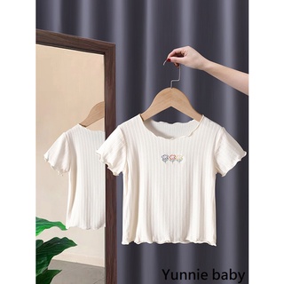 現貨24小時出貨🎈 童裝 夏季 80-130碼 高品質刺繡小花 涼感 優質莫代爾 質感紋理 短袖上衣 短袖T恤 女童女寶
