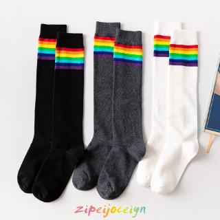 女士彩虹條紋襪子 甜美學院風可愛小腿襪 及膝時尚女襪