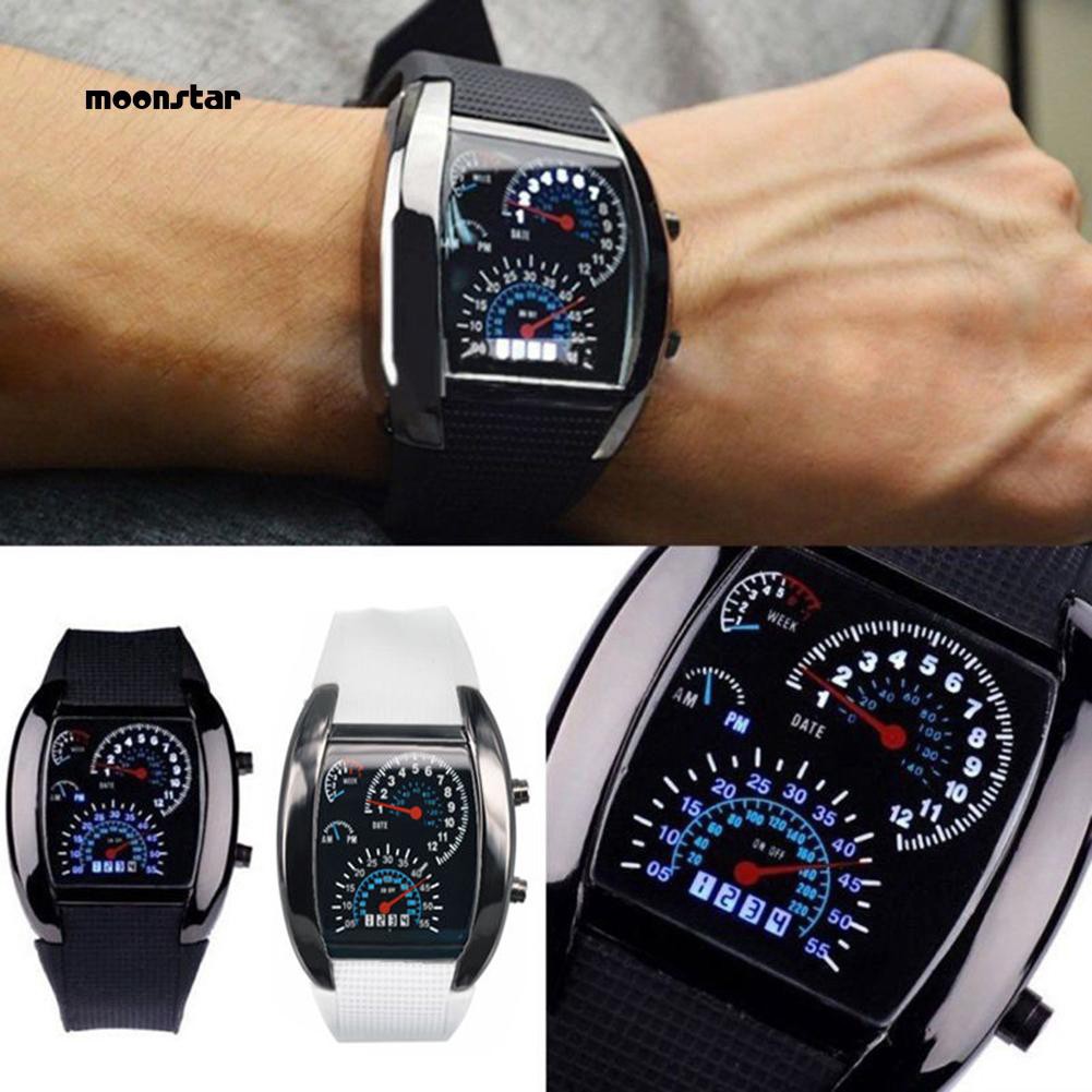 Moonstar_men 時尚 LED 運動橡皮筋數字星期日期儀表板圖案錶盤手錶