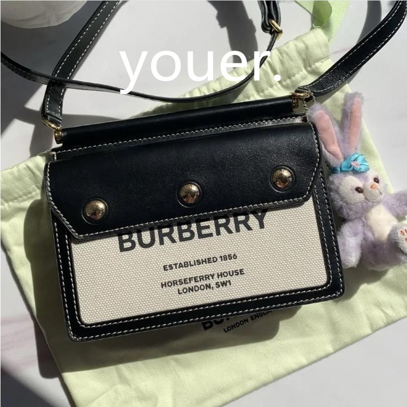 二手正品BURBERRY 博柏利 Horseferry 大LOGO印花 皮革棉質帆布 斜背包 相機包 郵差包