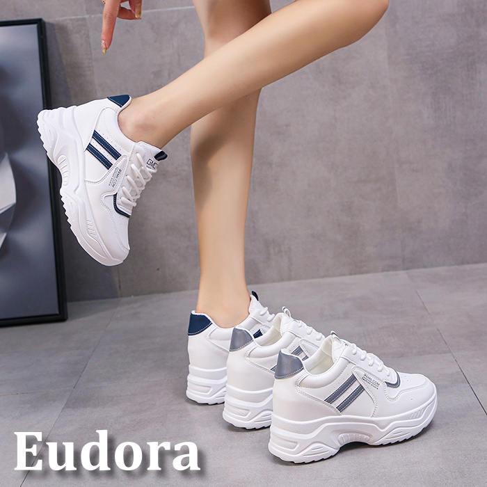 【Eudora】內增高休閒鞋 小白鞋 運動鞋 布鞋 老爹鞋 皮革條紋 內增高厚底 小白鞋