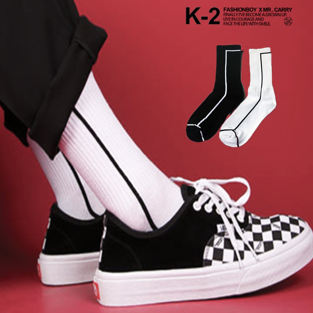 【K-2】簡約時尚 線條 幾何圖形 極簡風格 穿搭 潮流 襪子 長襪 中筒襪 街頭 網紅 男女不拘【KP323】