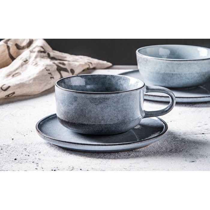 斑比藍咖啡杯 杯子 咖啡杯 咖啡杯碟 小盤子 花茶杯 灰色 陶瓷餐具 辦公室茶杯【波仔家生活雜貨舖】