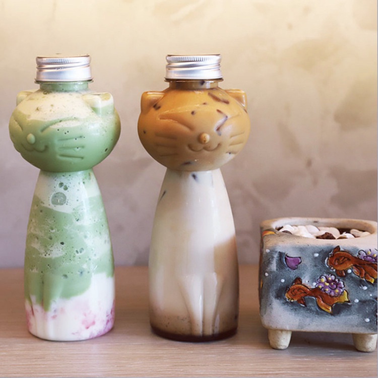 新品250ml創意小貓飲料瓶 一次性透明奶茶瓶 帶蓋pet果汁塑膠瓶子
