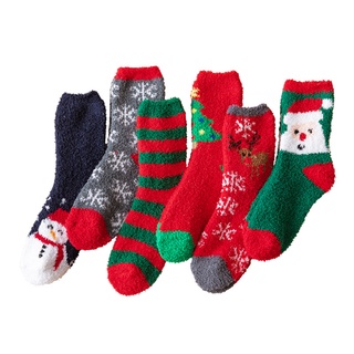 珊瑚絨襪子女秋冬季保暖可愛聖誕地板襪卡通半邊絨中筒睡眠襪