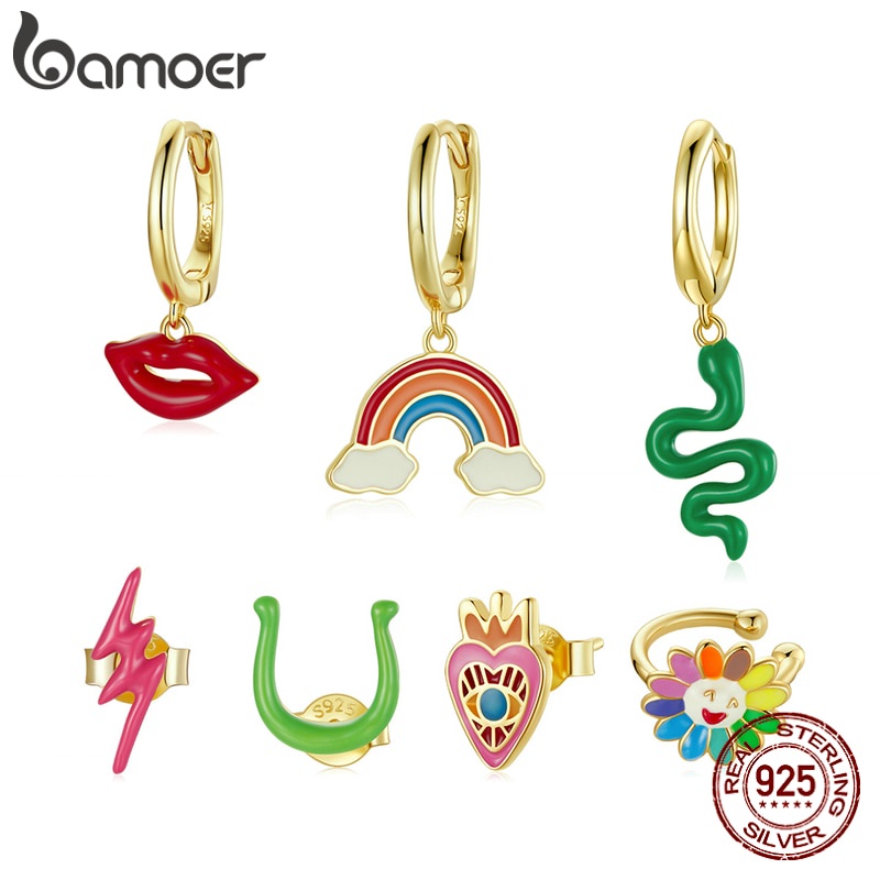 (1 件) Bamoer 金耳環 925 純銀彩虹設計 7 款女士防過敏時尚首飾 SCE1232