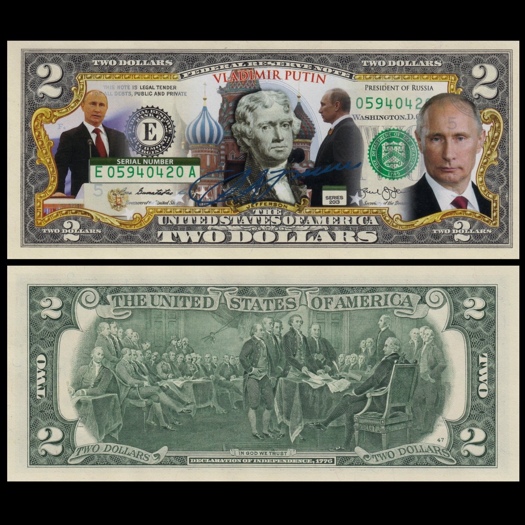 麥擱問阿 彩色版真鈔 俄羅斯總統 普丁 2美元 戰鬥民族 烏克蘭 蘇聯 列寧 美金美元 混合塑料 鈔票 美國 非現行流通