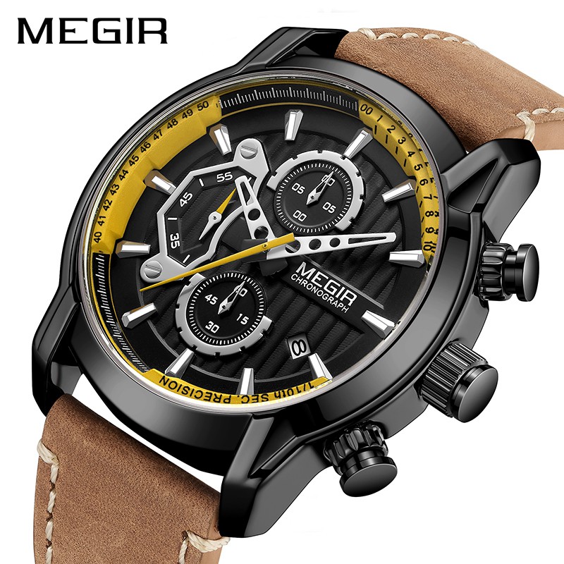 Megir 頂級品牌男士時尚運動手錶豪華皮革 Stap 石英手錶軍用男士防水計時手錶
