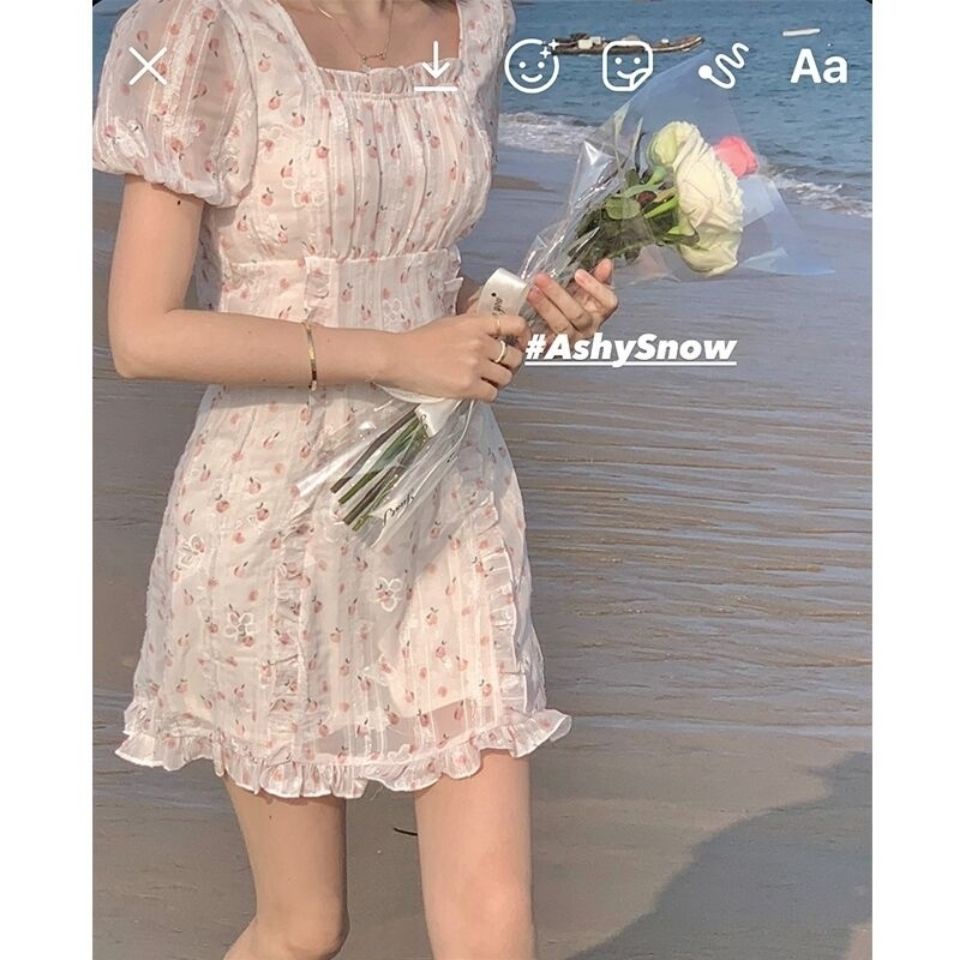 甜辣 蜜桃白茶純欲少女木耳邊雪紡碎花小個子短款連衣裙春夏 6月12日發完 蝦皮購物