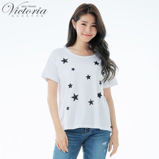 VICTORIA 星星印亮片繡寬鬆短袖T-白