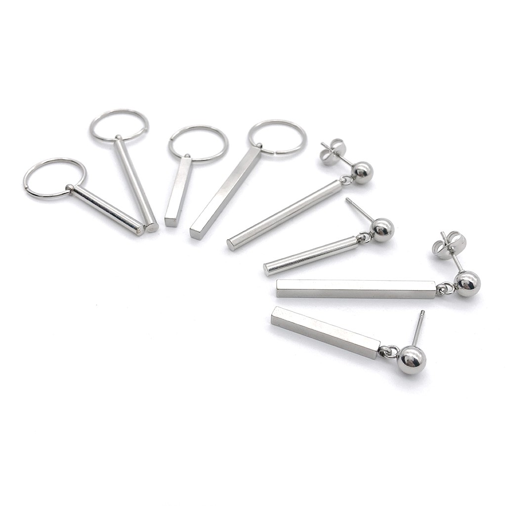 耳環 垂墜 醫療鋼 耳環男生 方桿圓柱 無耳洞 有耳洞可戴著洗澡 圓球圓環 艾豆『B3695』