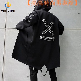 【臺灣現貨】秋季男式寬鬆外套字母X號印花男韓版學生防風連帽風衣中長款軍綠色大碼外套 韓版 長袖【亮亮時尚男】
