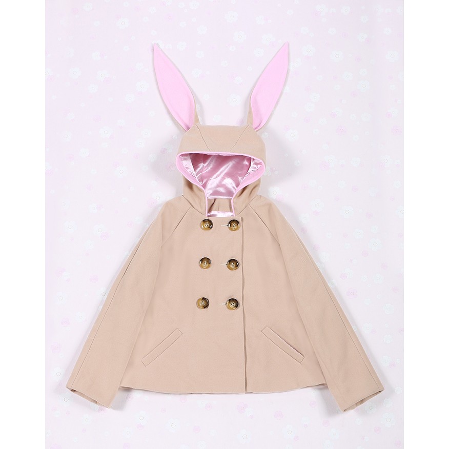 動物 長耳朵兔子 粉嫩可愛雙排釦毛呢外套 兔耳帽cosplay
