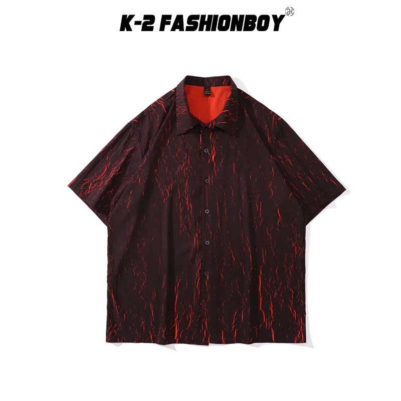【K-2】火焰紅 線條 滿版 火焰襯衫 TRAP 原宿 街頭穿搭 短袖襯衫 個性【B195】