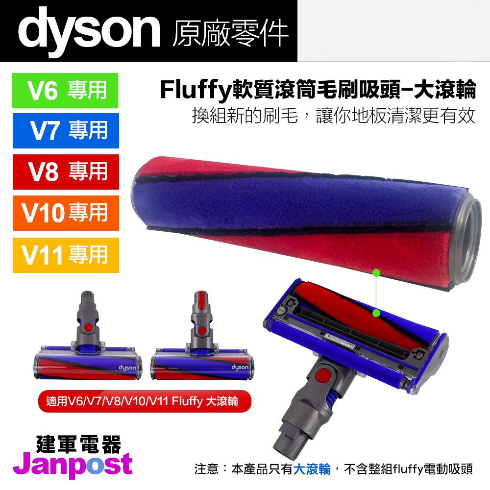 建軍電器 原廠 Dyson V6 V7 V8 V10 V11 Fluffy 軟質碳纖維吸頭 專用 滾筒 紅藍大滾輪