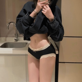日系宮廷風女生內褲 低腰莫蘭迪色系莫代爾三角褲 純色簡約 鏤空蕾絲花邊可愛蝴蝶結點綴 100%純棉襠底褲 免運