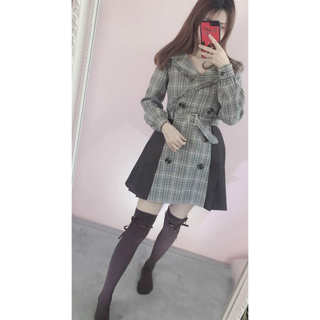 ღ 現貨 Bubbles 原d サイドプリーツトレンチワンピース氣質格紋娃娃領拼接連衣裙ღ 蝦皮購物