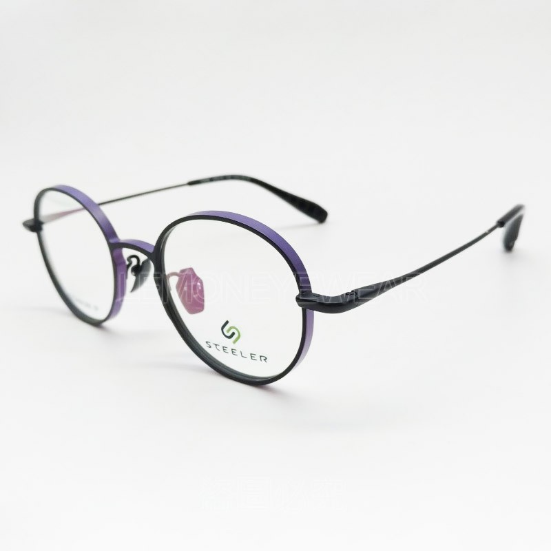 ✅💎 玩色鏡框 💎[檸檬眼鏡] STEELER 1206 C2 黑紫圓形厚版鈦框 側邊加厚中高度數最愛 輕量舒適