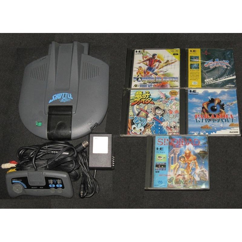 遊戲達人日本原裝pc Engine Shuttle主機 鯊魚機飛行機 原裝飛行手把 原裝變壓器 原裝av線 原裝5款遊戲 蝦皮購物