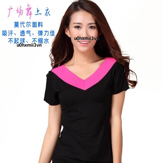 🔥熱賣🔥廣場舞服裝 上衣短袖V領素色練功服健身服表演服舞蹈服成人女 B3E1