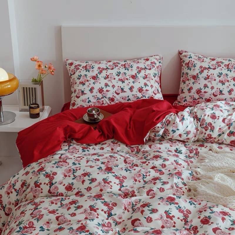 Little Bed小床-紅色碎花埃及棉床組四件組 ins 全棉埃及長絨棉貢緞 日式寢具 床包