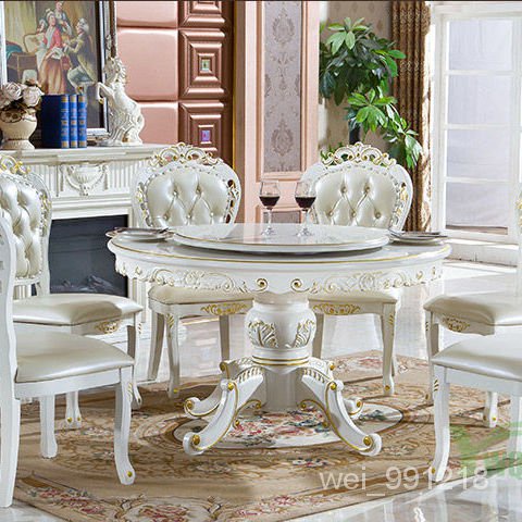 歐式餐桌椅組閤6人飯桌小戶型傢用實木圓桌子白色描金圓桌 K3H9