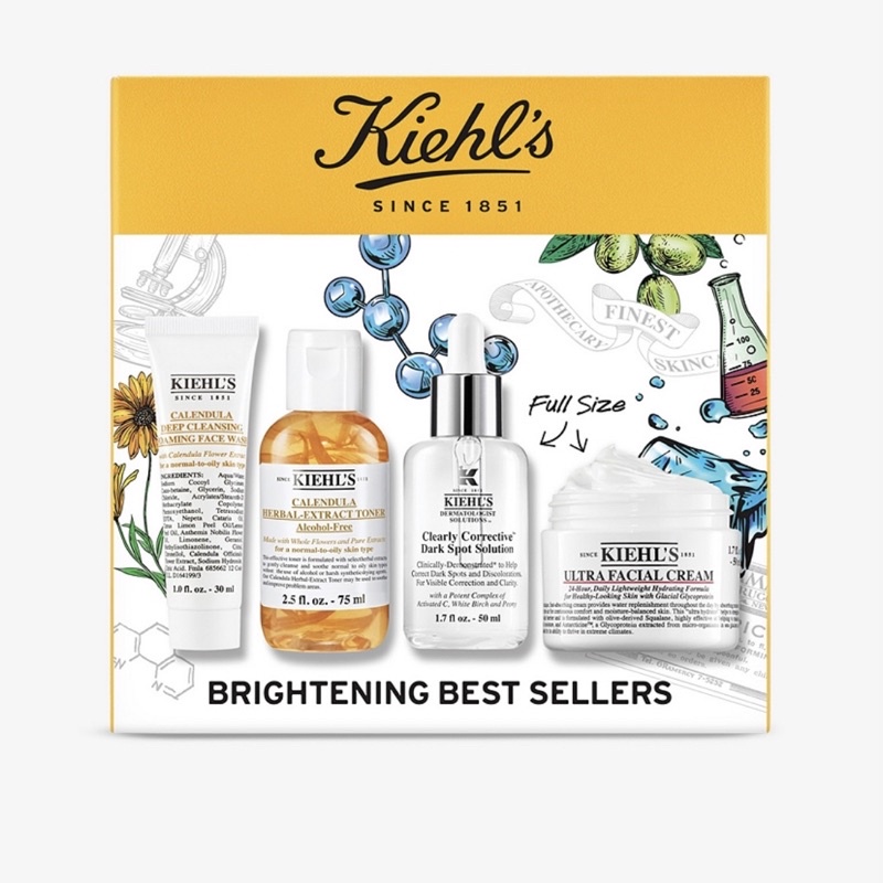 Kiehl’s 優惠超值組合 冰河醣蛋白保濕霜/激光極淨白淡斑精華/金盞花植物精華化妝水/金盞花植物精華潔面泡泡凝露