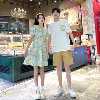【COUPLE】夏裝法式情侶裝💕復古設計感方領氣質碎花連衣裙初戀仙女裙子男短袖