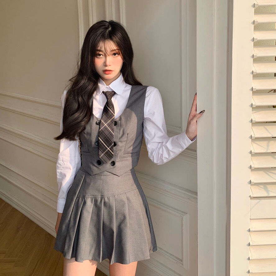 韓系高校美少女短款灰色馬甲 百褶裙 白色襯衫領帶學院風三件套 蝦皮購物