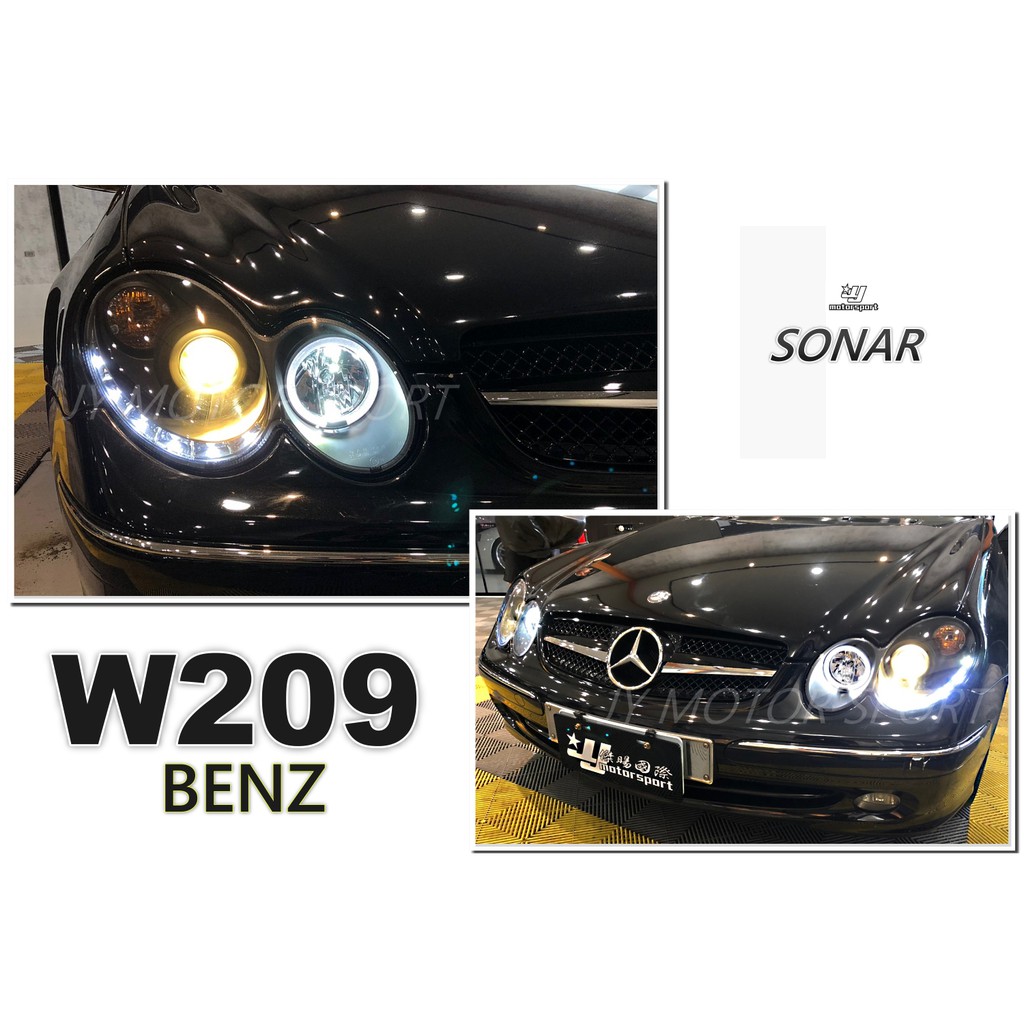 小傑車燈--全新 賓士 BENZ W209 CLK 黑框光圈 DRL R8 LED 燈眉魚眼 大燈 頭燈 SONAR製