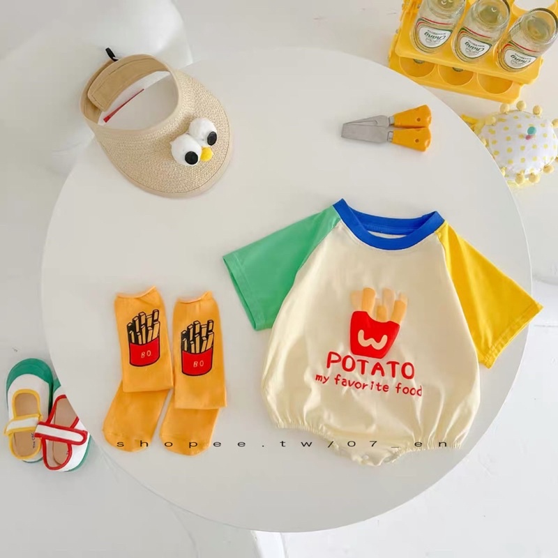 現貨+預購 韓版❤️ 炸薯條造型爬服 上衣T | 兄弟裝 ❤️寶寶 新生兒 嬰兒 哈衣 包屁衣 T恤