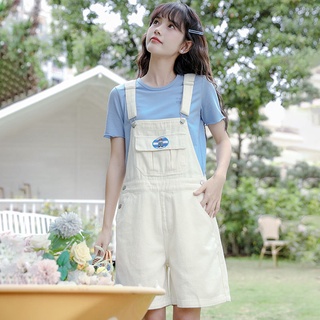 白色牛仔背帶褲女夏新款刺繡五分褲甜美高腰吊帶闊腿短褲