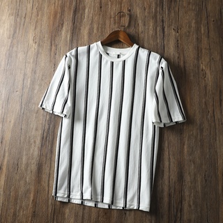 夏季男士日系復古寬鬆休閒圓領條紋短袖T恤衫