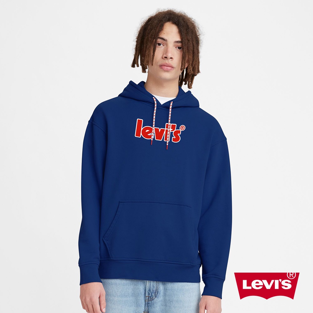 Levis 重磅口袋帽T 質感絨面海報體Logo 寬鬆休閒版型 430GSM厚棉 藍 男 38479-0084 熱賣單品